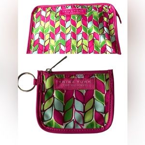 Trina Turk 2 Bag Set Make Up Cosmetics Pink Green Blue Card Holder